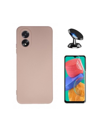 Kit Película Hydrogel Full Cover Frente + Capa Silicone Líquido + Suporte Magnético de Carro Phonecare para Oppo A18 - Rosa