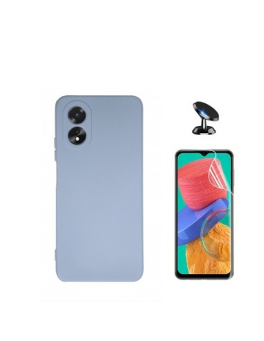 Kit Película Hydrogel Full Cover Frente + Capa Silicone Líquido + Suporte Magnético de Carro Phonecare para Oppo A18 - Azul Claro