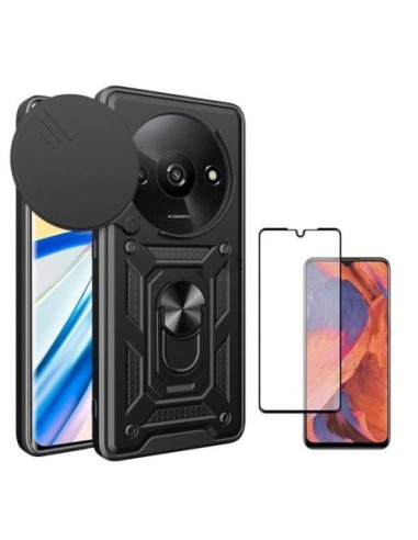 Kit Película de Vidro Temperado 5D Full Cover + Capa Military Slide Window Anti-Impacto para Xiaomi Redmi A3 - Preto