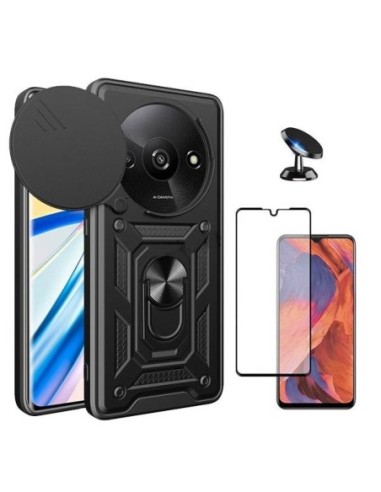 Kit Película de Vidro Temperado 5D + Capa Magnetic Slide Window Anti-Impacto + Suporte de Carro para Xiaomi Redmi A3 - Preto