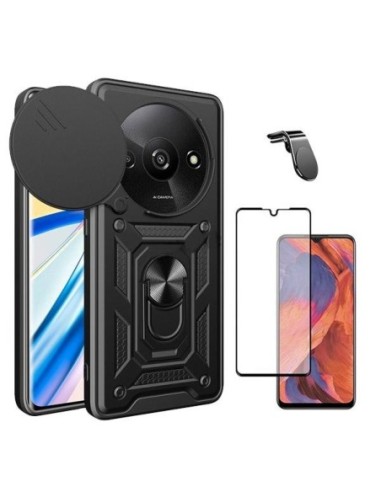 Kit Película de Vidro Temperado 5D Full Cover + Capa Defender Slide Window Anti-Impacto + Suporte L para Xiaomi Redmi A3 - Preto