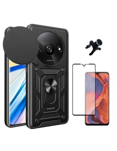 Kit Película de Vidro Temperado 5D Full Cover + Capa Slide Window Anti-Impacto + Suporte Reforçado para Xiaomi Redmi A3 - Preto