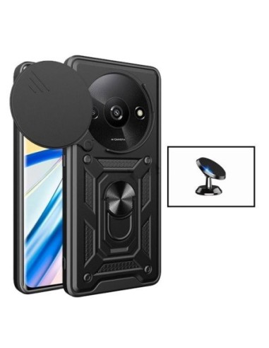 Kit Suporte Magnético de Carro + Capa Magnetic Military Defender Slide Window Anti-Impacto Phonecare para Xiaomi Redmi A3 - Preto