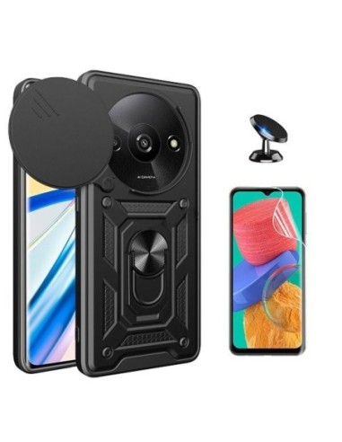 Kit Película Hydrogel Full Cover Frente + Capa Magnetic Slide Window Anti-Impacto + Suporte de Carro para Xiaomi Redmi A3 - Preto