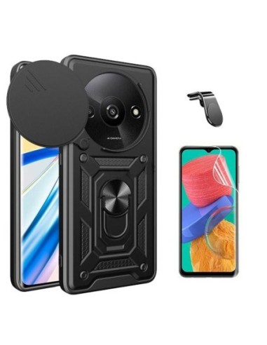 Kit Película Hydrogel Full Cover Frente + Capa Magnetic Slide Window Anti-Impacto + Suporte L  para Xiaomi Redmi A3 - Preto