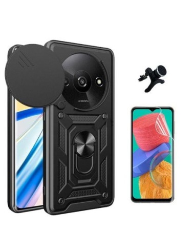 Kit Película Hydrogel Full Cover Frente + Capa Magnetic Slide Window Anti-Impacto + Suporte Reforçado para Xiaomi Redmi A3 - Preto