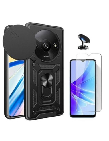 Kit Vidro Temperado ClearGlass + Capa Magnetic Slide Window Anti-Impacto + Suporte de Carro para Xiaomi Redmi A3 - Preto