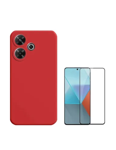 Kit Vidro Premium Full Cover + Capa Silicone Líquido  Para Xiaomi Redmi 13 5G - Vermelho