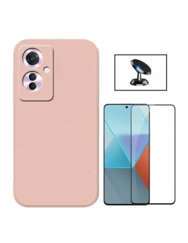 Kit Película de Vidro Temperado 5D Full Cover + Capa Silicone Líquido + Suporte de Carro para Oppo Reno11 F - Rosa