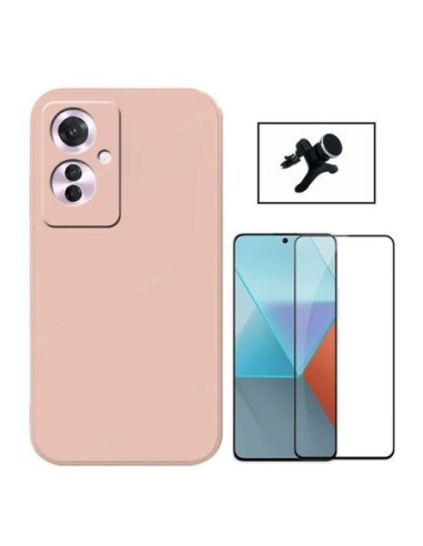 Kit Película de Vidro Temperado 5D Full Cover + Capa Silicone Líquido + Suporte Reforçado para Oppo Reno11 F - Rosa