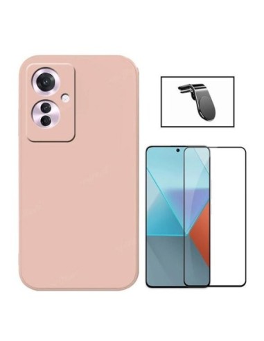 Kit Película de Vidro Temperado 5D Full Cover + Capa Silicone Líquido + Suporte L para Oppo Reno11 F - Rosa