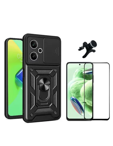 Kit Vidro Premium Full Cover + Capa Magnetic Slide Window + Suporte Magnético Reforçado  Para Xiaomi Redmi 13 - Preto