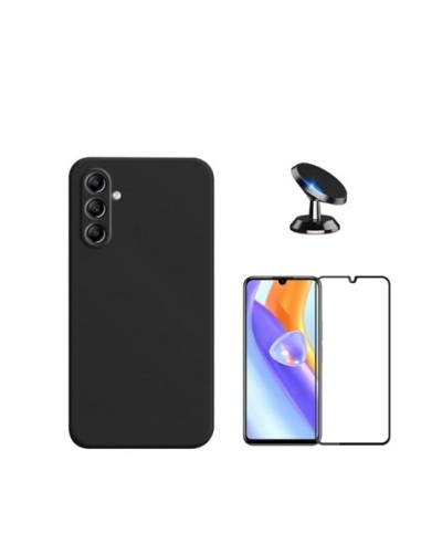 Kit Película de Vidro Temperado 5D Full Cover + Capa Silicone Líquido + Suporte de Carro para Samsung Galaxy M15 - Preto