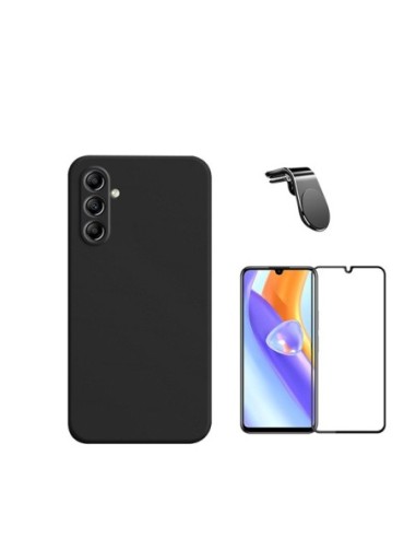 Kit Película de Vidro Temperado 5D Full Cover + Capa Silicone Líquido + Suporte L para Samsung Galaxy M15 - Preto