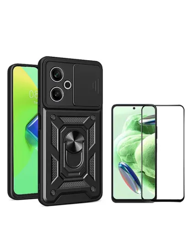 Kit Vidro Premium Full Cover + Capa Magnetic Slide Window  Para Xiaomi Poco M6 4G - Preto