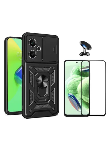 Kit Vidro Premium Full Cover + Capa Magnetic Slide Window + Suporte Magnético Para Xiaomi Poco M6 4G - Preto