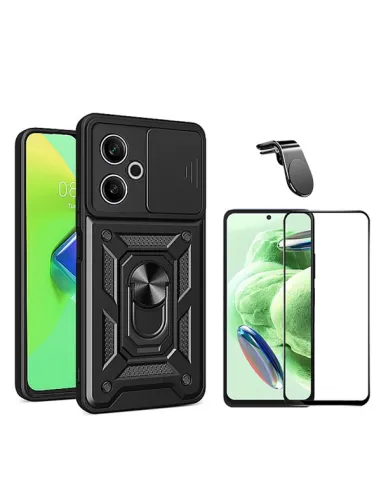 Kit Vidro Premium Full Cover + Capa Magnetic Slide Window + Suporte Magnético L  Para Xiaomi Poco M6 4G - Preto