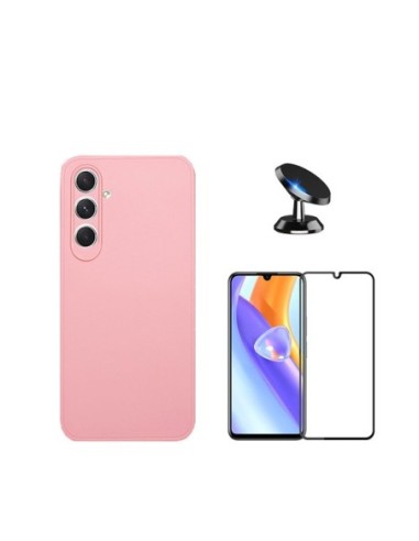 Kit Película de Vidro Temperado 5D + Capa Silicone Líquido + Suporte de Carro para Samsung Galaxy M15 - Rosa