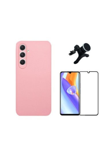 Kit Película de Vidro Temperado 5D + Capa Silicone Líquido + Suporte Reforçado para Samsung Galaxy M15 - Rosa