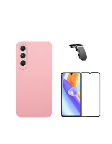 Kit Película de Vidro Temperado 5D Full Cover + Capa Silicone Líquido + Suporte L para Samsung Galaxy M15 - Rosa