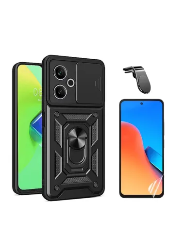 Kit Película Hydrogel Frente + Capa Magnetic Slide Window + Suporte Magnético L  Para Xiaomi Redmi 13 5G - Preto