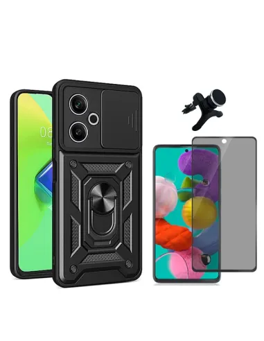 Kit Película Anti-Spy + Capa Magnetic Slide Window + Suporte Magnético Reforçado   Para Xiaomi Redmi 13 5G - Preto