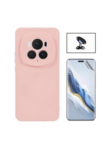 Kit Película Hydrogel Full Cover Frente + Capa Silicone Líquido + Suporte de Carro para Honor Magic6 Pro - Rosa