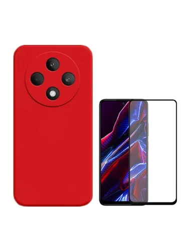 Kit Vidro Premium Full Cover + Capa Silicone Líquido  Para Oppo Reno12 F 4G - Vermelha