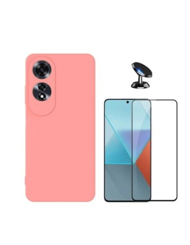 Kit Película de Vidro Temperado 5d + Capa Silicone Líquido + Suporte de Carro Compativel Com Oppo A60 - Rosa