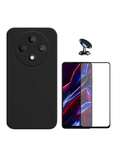 Kit Vidro Premium Full Cover + Capa Silicone Líquido + Suporte Magnético Para Oppo Reno12 F 4G - Preto