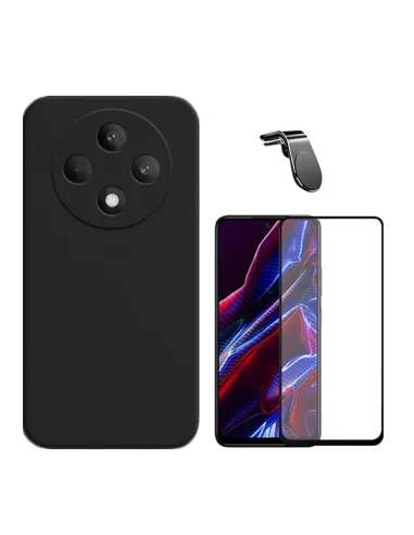 Kit Vidro Premium Full Cover + Capa Silicone Líquido + Suporte Magnético L  Para Oppo Reno12 F 4G - Preto