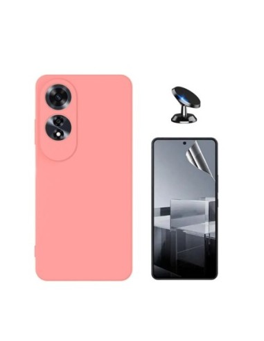 Kit Película Hydrogel Full Cover Frente + Capa Silicone Líquido + Suporte de Carro Compativel Com Oppo A60 - Rosa