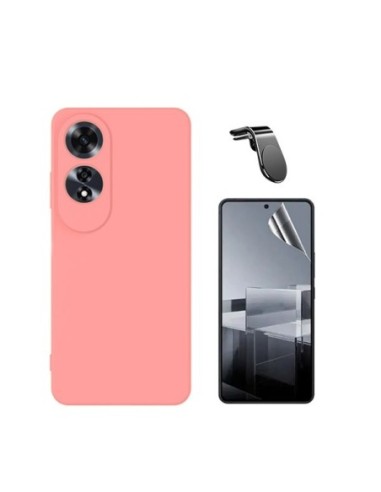 Kit Película Hydrogel Full Cover Frente + Capa Silicone Líquido + Suporte L Compativel Com Oppo A60 - Rosa