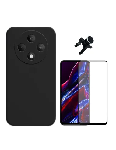 Kit Vidro Premium Full Cover + Capa Silicone Líquido + Suporte Magnético Reforçado  Para Oppo Reno12 FS 5G - Preto