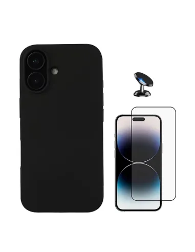 Kit Vidro Premium Full Cover + Capa Silicone Líquido + Suporte Magnético Para Apple iPhone 16 - Preto