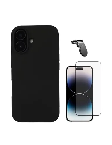 Kit Vidro Premium Full Cover + Capa Silicone Líquido + Suporte Magnético L  Para Apple iPhone 16 - Preto