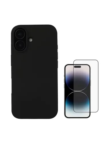 Kit Vidro Premium Full Cover + Capa Silicone Líquido  Para Apple iPhone 16 Plus - Preto