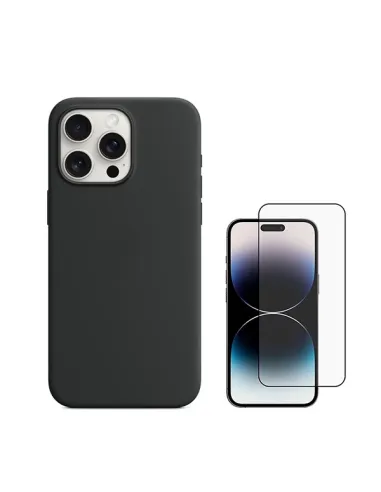 Kit Vidro Premium Full Cover + Capa Silicone Líquido  Para Apple iPhone 16 Pro - Preto