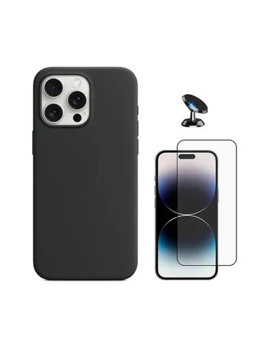 Kit Vidro Premium Full Cover + Capa Silicone Líquido + Suporte Magnético Para Apple iPhone 16 Pro - Preto