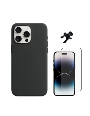 Kit Vidro Premium Full Cover + Capa Silicone Líquido + Suporte Magnético Reforçado  Para Apple iPhone 16 Pro - Preto