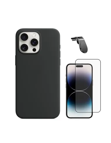 Kit Vidro Premium Full Cover + Capa Silicone Líquido + Suporte Magnético L  Para Apple iPhone 16 Pro - Preto