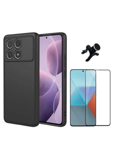 Kit Película de Vidro Temperado 5d + Capa Silicone Líquido + Suporte Reforçado Compativel Com Xiaomi Poco F6 Pro - Preto