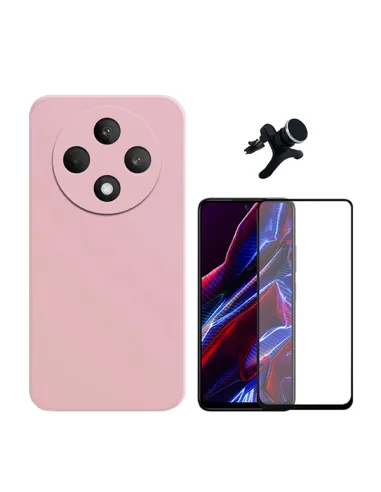 Kit Vidro Premium Full Cover + Capa Silicone Líquido + Suporte Magnético Reforçado  Para Oppo Reno12 F 4G - Rosa