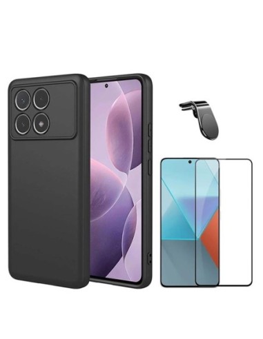 Kit Película de Vidro Temperado 5d + Capa Silicone Líquido + Suporte L Compativel Com Xiaomi Poco F6 Pro - Preto