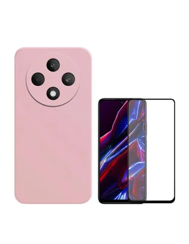 Kit Vidro Premium Full Cover + Capa Silicone Líquido  Para Oppo Reno12 FS 4G - Rosa