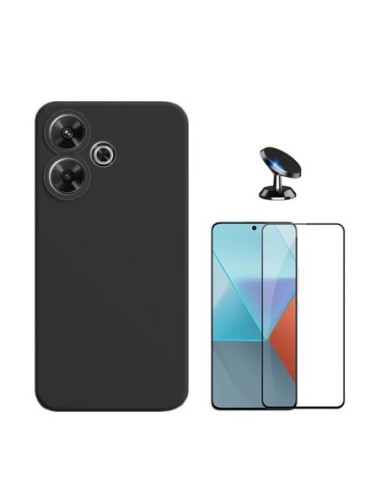 Kit Película de Vidro Temperado 5d + Capa Silicone Líquido + Suporte de Carro Compativel Com Xiaomi Redmi 13 - Preto