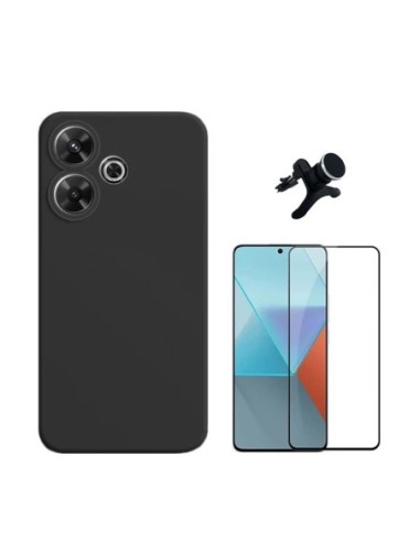 Kit Película de Vidro Temperado 5d + Capa Silicone Líquido + Suporte Reforçado Compativel Com Xiaomi Redmi 13 - Preto