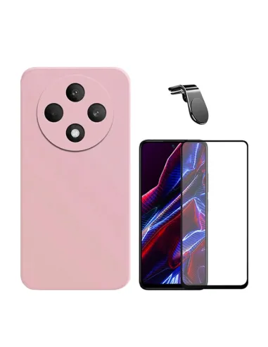 Kit Vidro Premium Full Cover + Capa Silicone Líquido + Suporte Magnético L  Para Oppo Reno12 FS 4G - Rosa