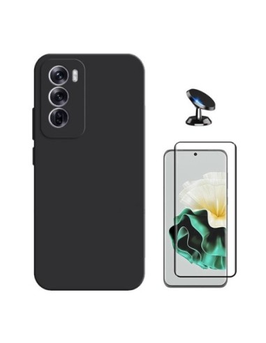 Kit Película de Vidro Temperado 5d + Capa Silicone Líquido + Suporte de Carro Compativel Com Oppo Reno12 - Preto