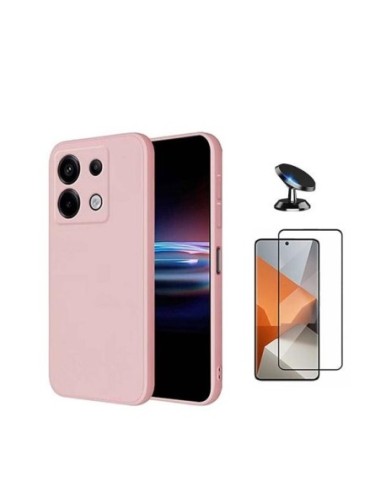 Kit Película de Vidro 5d + Capa Silicone Líquido + Suporte de Carro Compativel Com Xiaomi Redmi Note 13 Pro 4G - Rosa